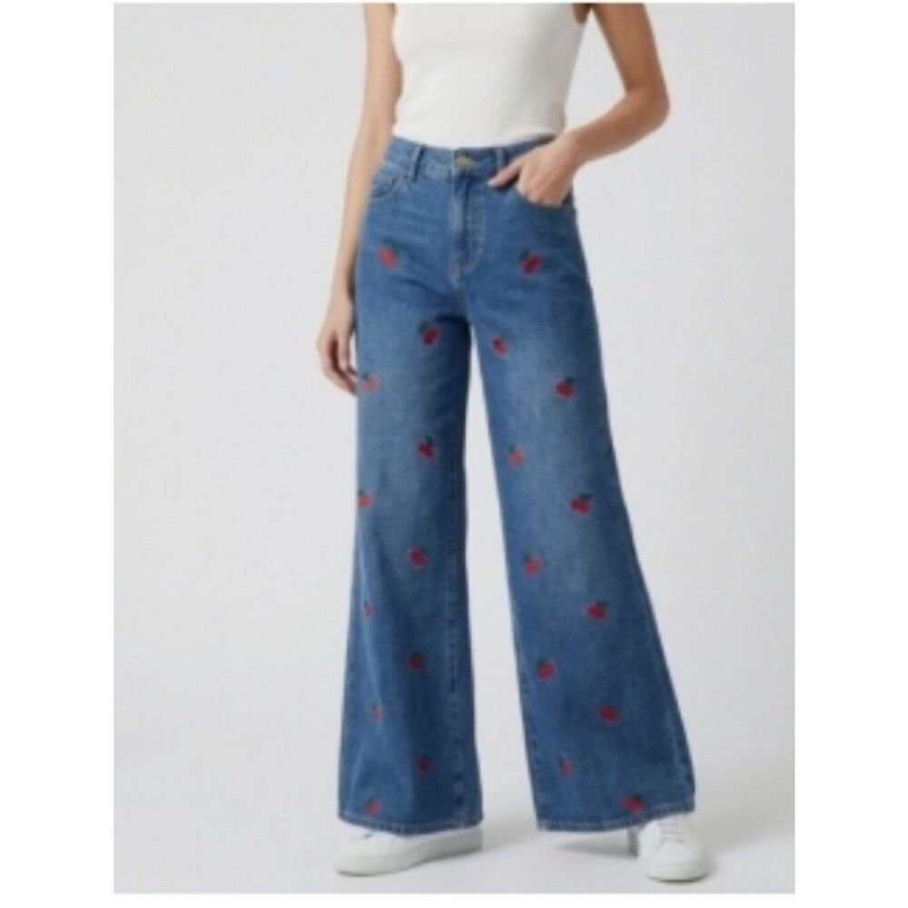 Like New! Ashley Mason Dark Blue Wide-Leg Jeans with Red Cherry Embroidery 9/29